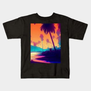 Retro vaporwave Palm beach with the ocean and sunset landscape Kids T-Shirt